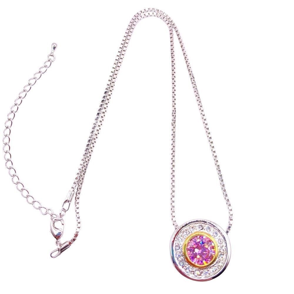 Silver Pink Clear Cubic Zirconia Halo Pendant Necklace